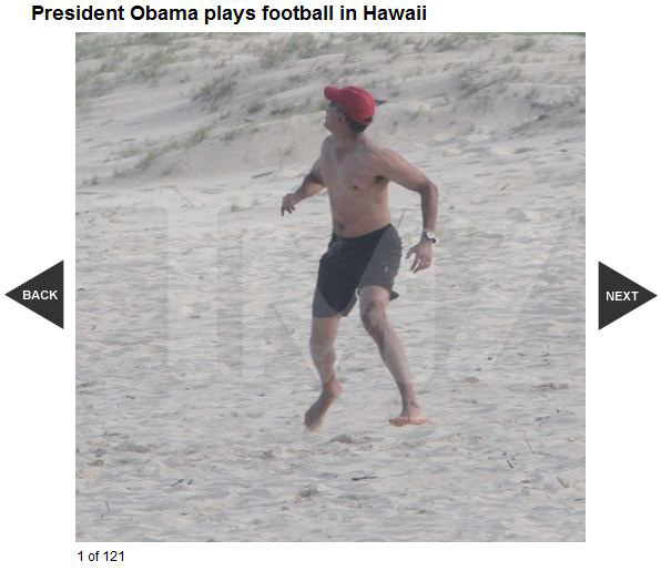 View photos taken while President Obama was playing football on the beach in Hawaii