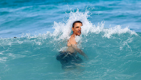 Obama swimming in ocean at Pyramid Rock Beach in Hawaii 2011