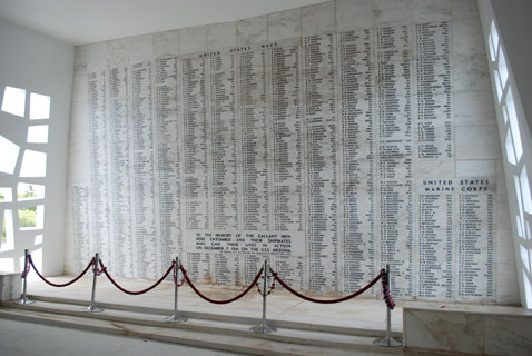 Arizona Memorial chapel with engraved names on marble and flag