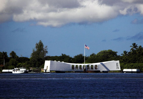 Arizona memorial at pearl harbor with flag