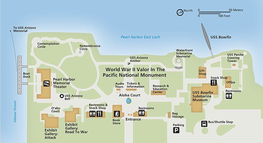 map of Pearl Harbor Arizona Memorial museum exhibits and Bowfin Submarine