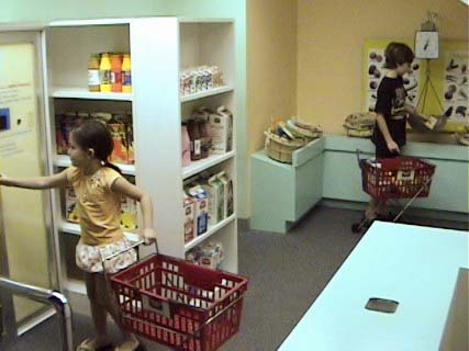children in pretend grocery store shopping