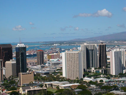 Panoramic skyline view of  Honolulu downtown and  airport