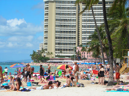 People sunbathing at Waikiki Beach
